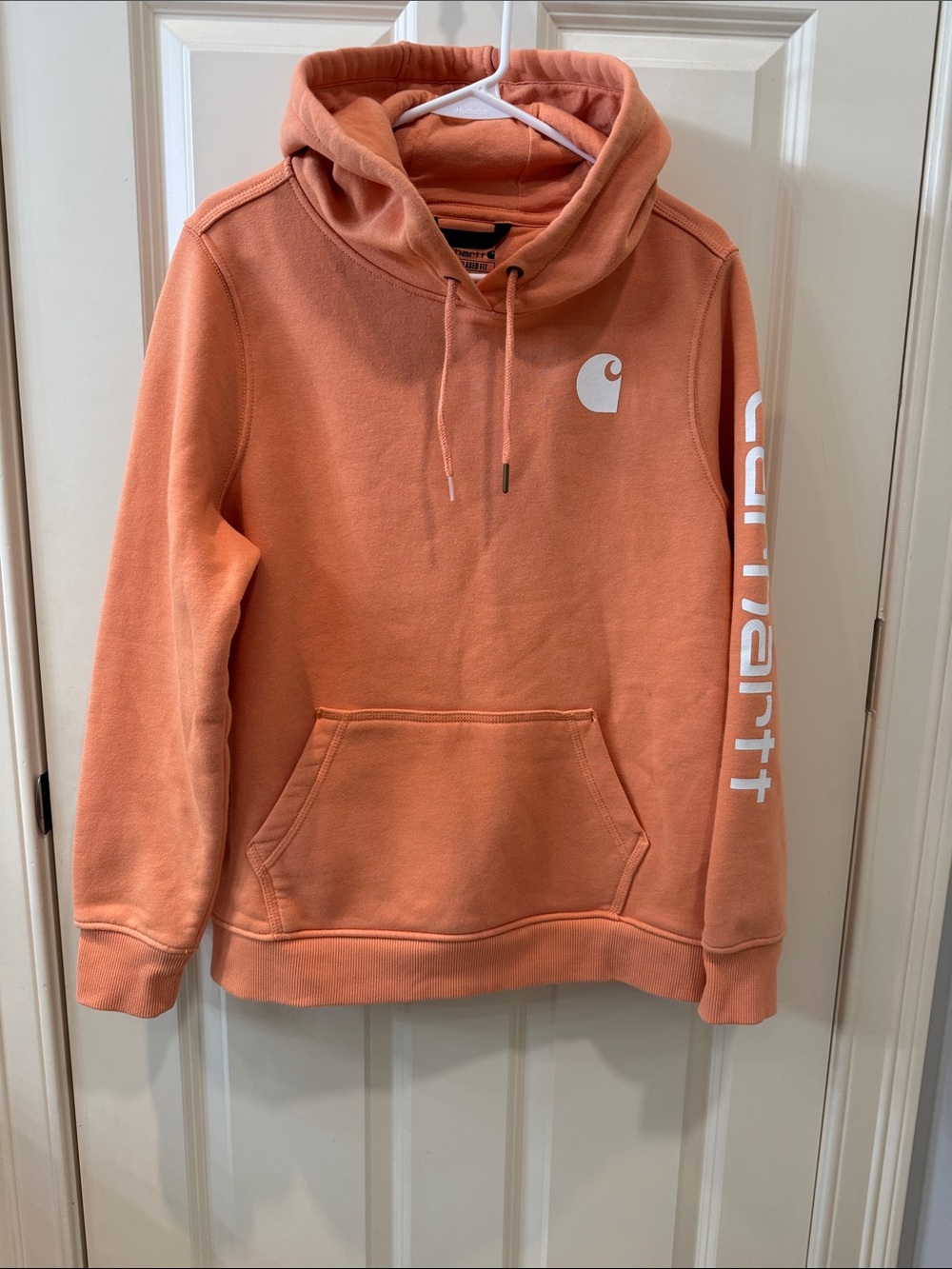 Carhartt Coral-Orange Hooded Pullover with White Logo